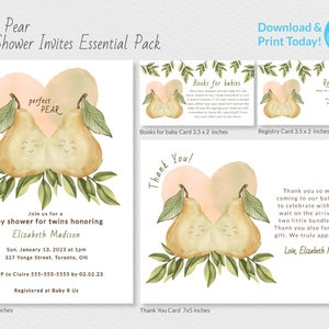 Modelli modificabili di Perfect Pear Twin Baby Shower Invites Pack Essentials