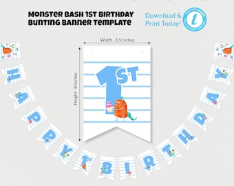 First Birthday Bunting Banner, Kids Party Printable Decor, Editable Template