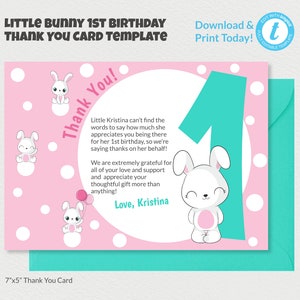 Thank You Card Template, Cute girl baby bunny theme, 1st birthday party, personalized first birthday