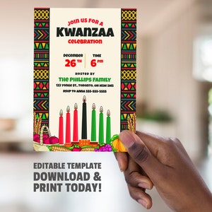 Kwanzaa Celebration Party Invitation Template, Kinara, African Pattern, Juneteenth