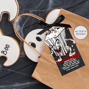 Editable Horror Movie Night Gift Tag Template: Halloween Party Favor (Digital Download)