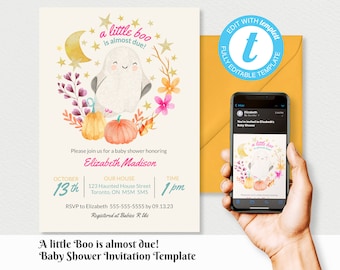 Little Boo Halloween Baby Shower Invitation Editable Baby Ghost Evite Template