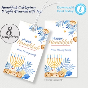 Hanukkah Gift Tag Editable Template, Traditional Celebration Gift Giving, Menorah Lighting