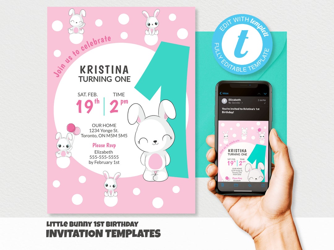 Editable Little Bunny Birthday Invitation, Girl 1st Birthday Invite ...
