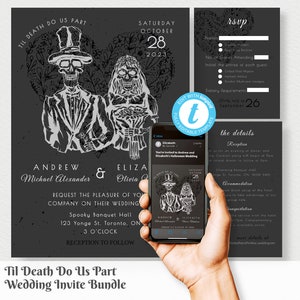 Gothic Wedding Invitation Bundle, Til death do us part, modern halloween invite, rsvp, details card