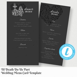 Halloween Wedding Dinner Menu, Skeleton Bride and Groom Wedding Menu Template, Gothic Editable Drinks Menu