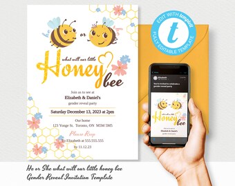 Gender Reveal Invitation Editable Template, Honey Bee Theme Baby invite Printable Invite