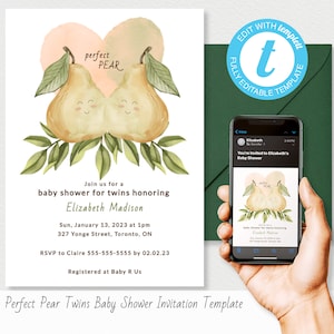 Twin Baby Shower Invitation, Perfect Pear, Editable Templates, Gender Neutral