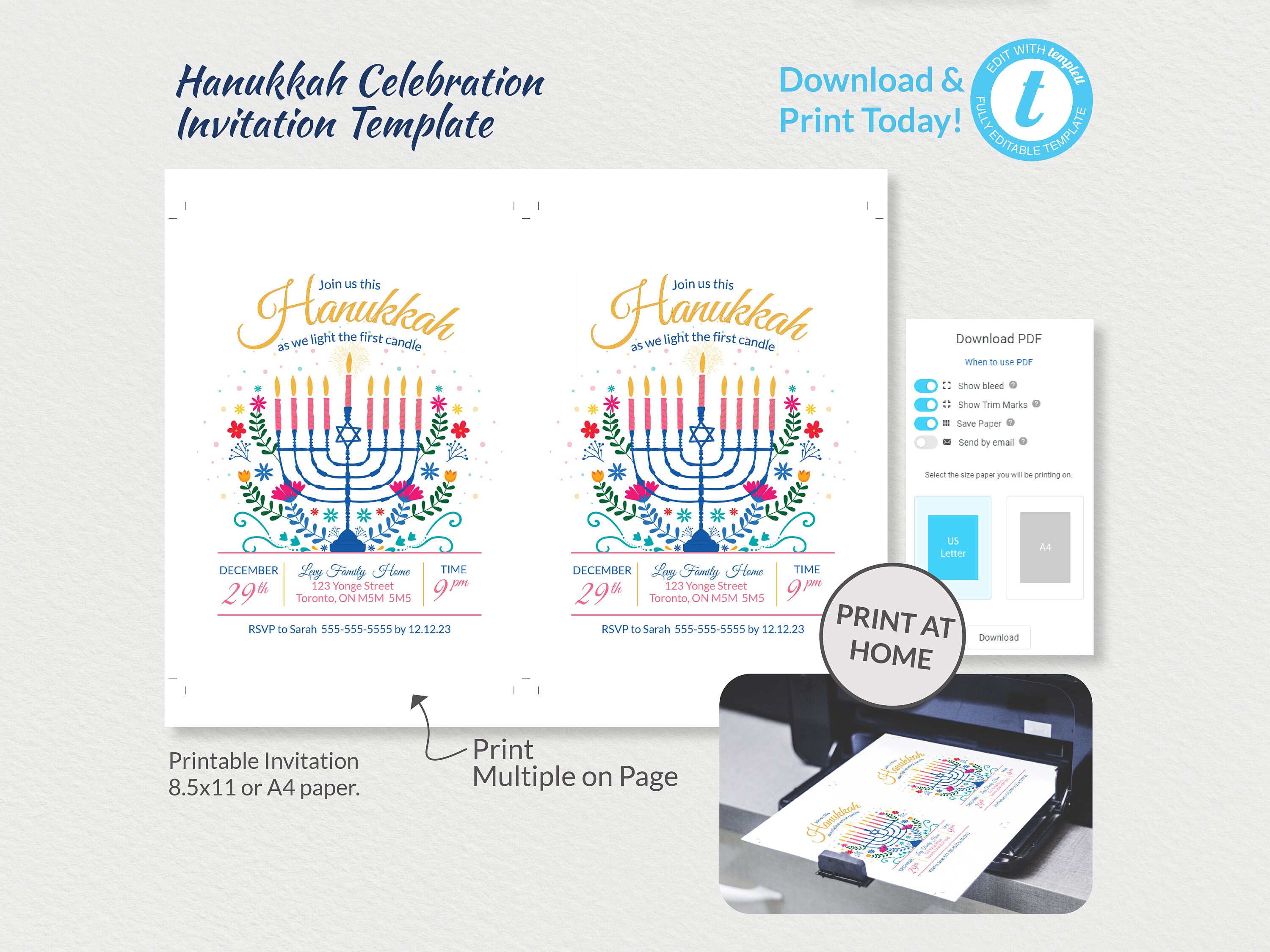 Hanukkah Invitation Template, Vibrant Color Scheme, Hand Sketched