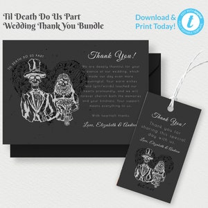 Halloween Wedding Thank You Bundle, Gothic Wedding Thank You Card, Skeleton Bride and Groom Editable Gift Card Template