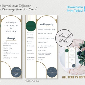 Wedding Ceremony Editable Template Card, Events Schedule, Bridal Party, Art Deco Eternal Love, Modern