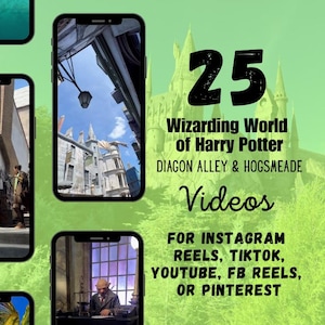 Może przedstawiać: Kolaż 25 klipów wideo prezentujących Czarodziejski Świat Harry'ego Pottera, z Pokątną i Hogsmeade. Tekst "25 Wizarding World of Harry Potter Diagon Alley & Hogsmeade Videos For Instagram Reels, TikTok, YouTube, FB Reels, or Pinterest" jest wyświetlany na zielonym tle.