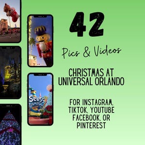 May include: A digital collection of 42 Pics & Videos Christmas at Universal Orlando for Instagram, TikTok, YouTube, Facebook, or Pinterest. The image displays five smartphone screens showing various holiday scenes including a nutcracker and castle.