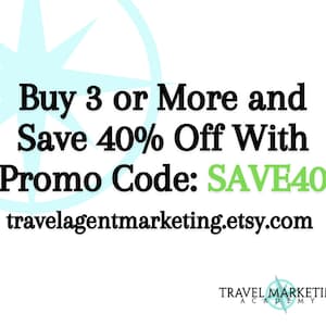 May include: A graphic with a compass rose design and text that reads "Buy 3 or More and Save 40% Off With Promo Code: SAVE40 travelagentmarketing.etsy.com TRAVEL MARKETING ACADEMY".