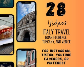 May include: A collage of images showcasing 28 videos of Italy travel, featuring scenes from Rome, Florence, Tuscany, and Venice. The text "28 Videos" is displayed in a large, bold font. The text "ITALY TRAVEL" is displayed in a smaller, bold font. The text "ROME, FLORENCE, TUSCANY, AND VENICE" is displayed in a smaller, regular font. The text "FOR INSTAGRAM, TIKTOK, YOUTUBE FACEBOOK, OR PINTEREST" is displayed in a smaller, regular font.