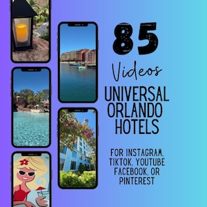 May include: A digital collection of 85 videos featuring Universal Orlando Hotels, displayed on five smartphone screens against a blue and purple gradient background. Text includes 85 Videos Universal Orlando Hotels for Instagram, TikTok, YouTube, Facebook, or Pinterest.