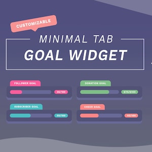 May include: A customizable goal widget with four progress bars. The bars are labeled "Follower Goal", "Donation Goal", "Subscriber Goal", and "Cheer Goal". The progress bars are filled with different colors, and the numbers indicate the current progress towards the goal.