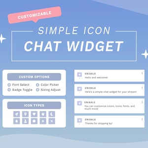 Op de afbeelding: Een aanpasbare chatwidget met een lichtblauwe achtergrond. De widget heeft een verscheidenheid aan pictogrammen, waaronder een bel, een ster, een hart en een maan. De tekst "ENIXALE" verschijnt in verschillende chatbubbels met berichten zoals "Hallo en welkom!" en "Bedankt voor je bezoek!"