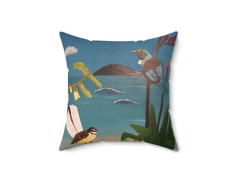 Almohada cuadrada de poliéster hilado con aves nativas de Nueva Zelanda