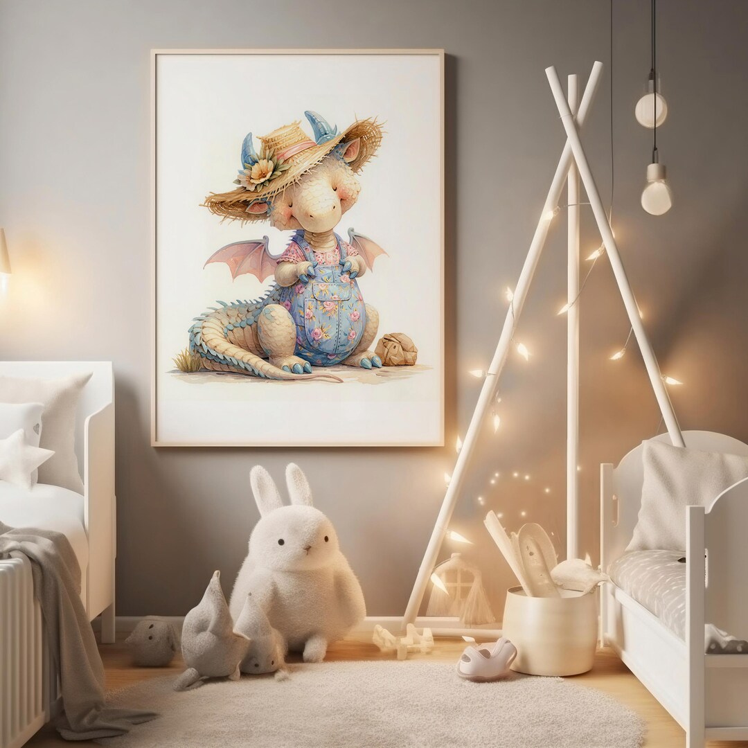 Cute Baby Dragon Watercolor Print, Digital Nursery Wall Art, Boys Room ...