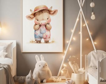 Impresión de acuarela de vaca bebé: Arte mural de granja para habitación infantil (descarga digital)
