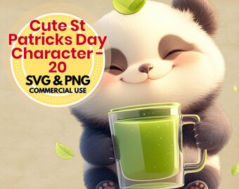 Puede incluir: Un lindo personaje de panda de dibujos animados con una bebida verde en una taza de vidrio. El panda está sonriendo y tiene una hoja verde en la cabeza. La imagen incluye el texto "Cute St Patricks Day Character - 20 SVG & PNG COMMERCIAL USE."
