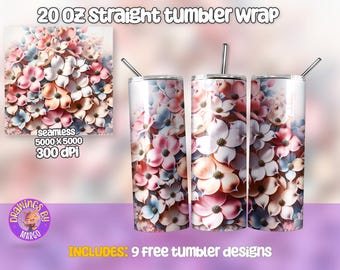 Dogwood Floral Tumbler Wrap: Pastel Spring Flowers, 20oz Sublimation Design (Digital Download)