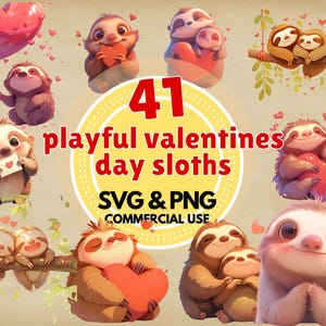 Paresseux Saint-Valentin clipart ensemble téléchargement numérique animal mignon svg png pour cartes autocollants t-shirts scrapbooking artisanat