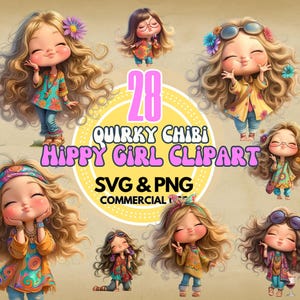Chibi hippy girl Clipart-Set png svg retro boho groovy Grafiken digitaler Download für Aufkleber basteln Einladungen