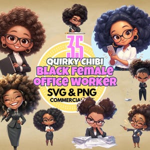 kantoormedewerker clipart bundel chibi zwart vrouw svg en png digitale download leuke zakelijke illustraties voor planners ambachten branding