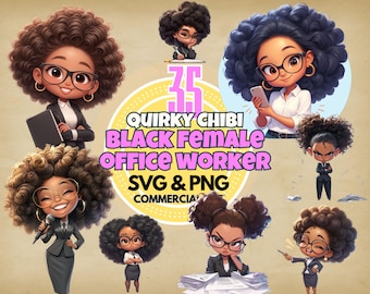 office worker clipart bundle chibi black female svg and png digital download cute business illustrations for planners crafts branding