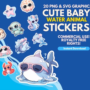 Pacote de clipart de animais aquáticos fofos, adesivos digitais svg png, uso comercial, animal bebê kawaii, download instantâneo