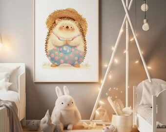 hedgehog nursery wall art printable cute baby animal decor woodland watercolor digital download for kids room or baby shower gift