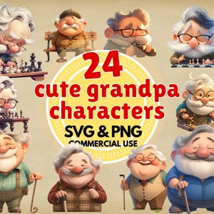 Paquete de imágenes prediseñadas de abuelo: lindo abuelo digital, PNG/SVG, ilustraciones peculiares de abuelo para manualidades, invitaciones y scrapbooking.