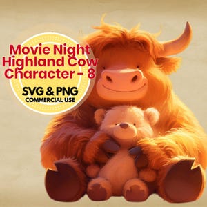 highland cow movie night clipart svg png digital download cozy cartoon cow for crafts shirts stickers invitations