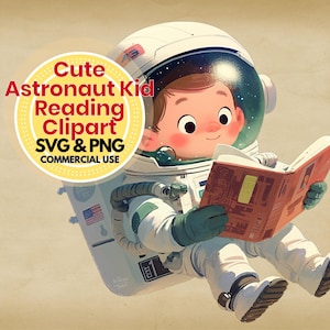 Astronauta leyendo clipart SVG PNG, descarga digital para amantes de los libros espaciales, lindo astronauta de dibujos animados para manualidades, sublimación, decoración infantil