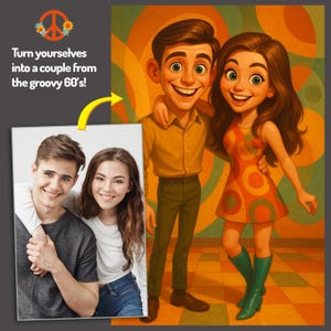 Portrait de couple à partir d'une photo - Transformez-vous en couple groovy des années 60 - Cadeau personnalisé pour famille ou couple en téléchargement numérique