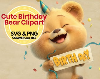Puede incluir: Un lindo oso de dibujos animados con un gorro de fiesta sostiene un cartel que dice "BIRTH DAY!" El oso está sonriendo y tiene una expresión feliz. El fondo es de color marrón claro con confeti.