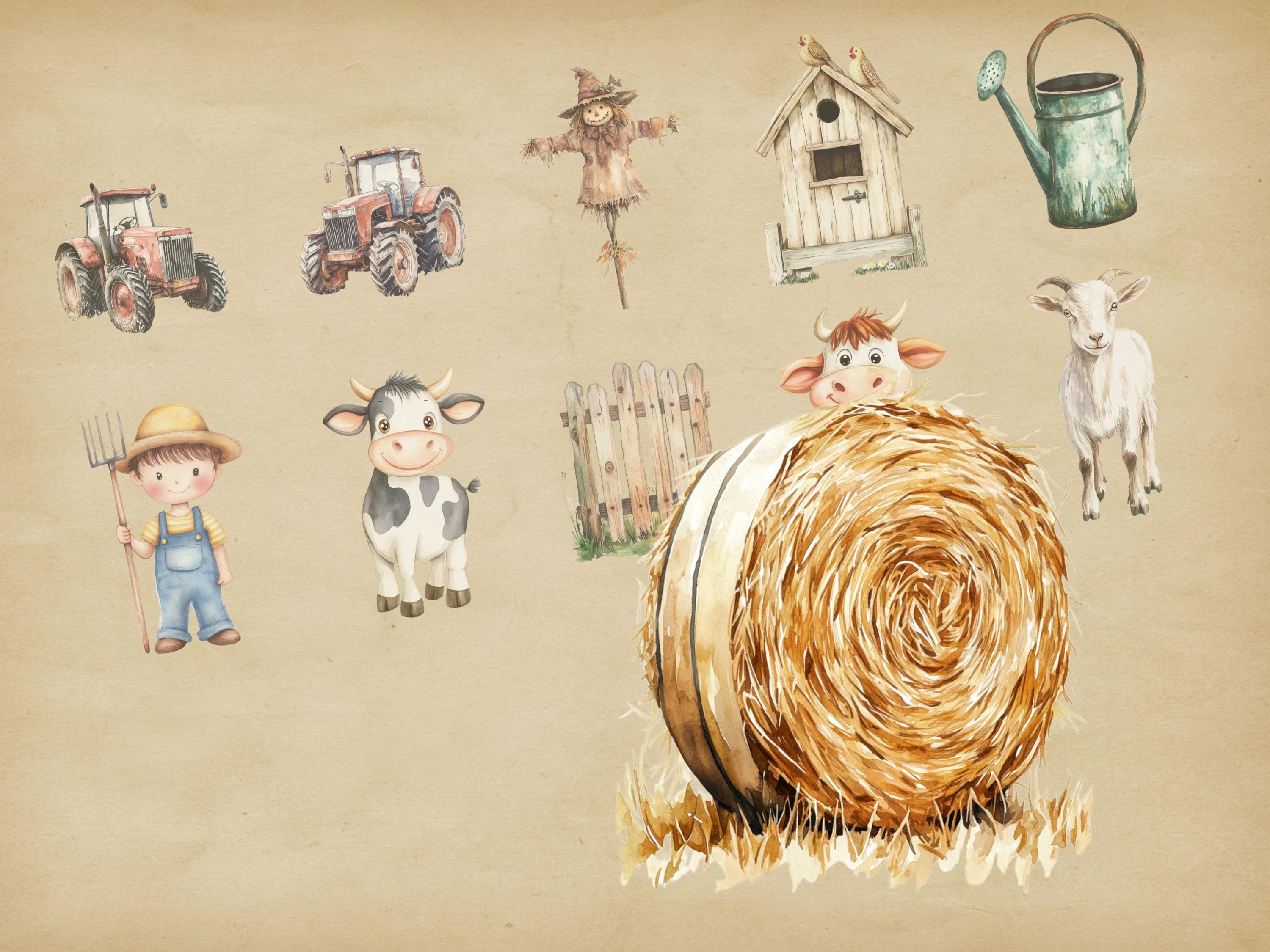 Farm Animals Watercolor Clipart Bundle Cute Png and Svg Barnyard ...