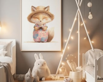 Arte de parede de berçário de raposa em aquarela, impressão digital para quarto de bebê, decoração de floresta, quarto infantil, ilustração de animal
