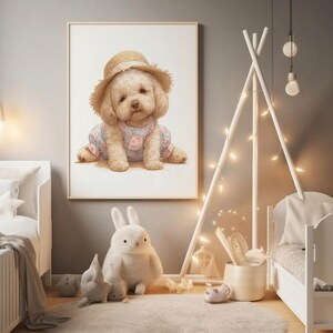 Watercolor Puppy Print: Floral Outfit, Straw Hat (Digital Download)