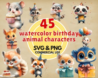 Watercolor Birthday Animals Clipart: Party PNG, SVG (Digital Download)