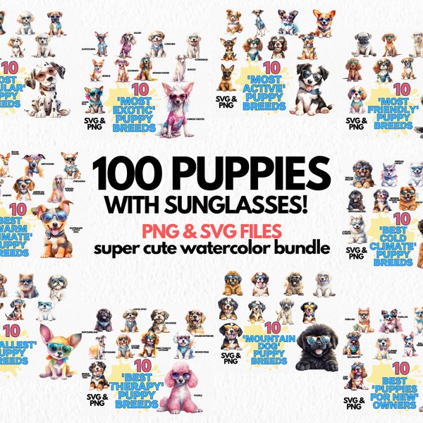 Aquarell Hunde mit Sonnenbrillen! Niedliches Clipart Bündel Welpen - PNG und SVG Bündel | Hund Clipart, sofortiger Download und kommerzielle Nutzung