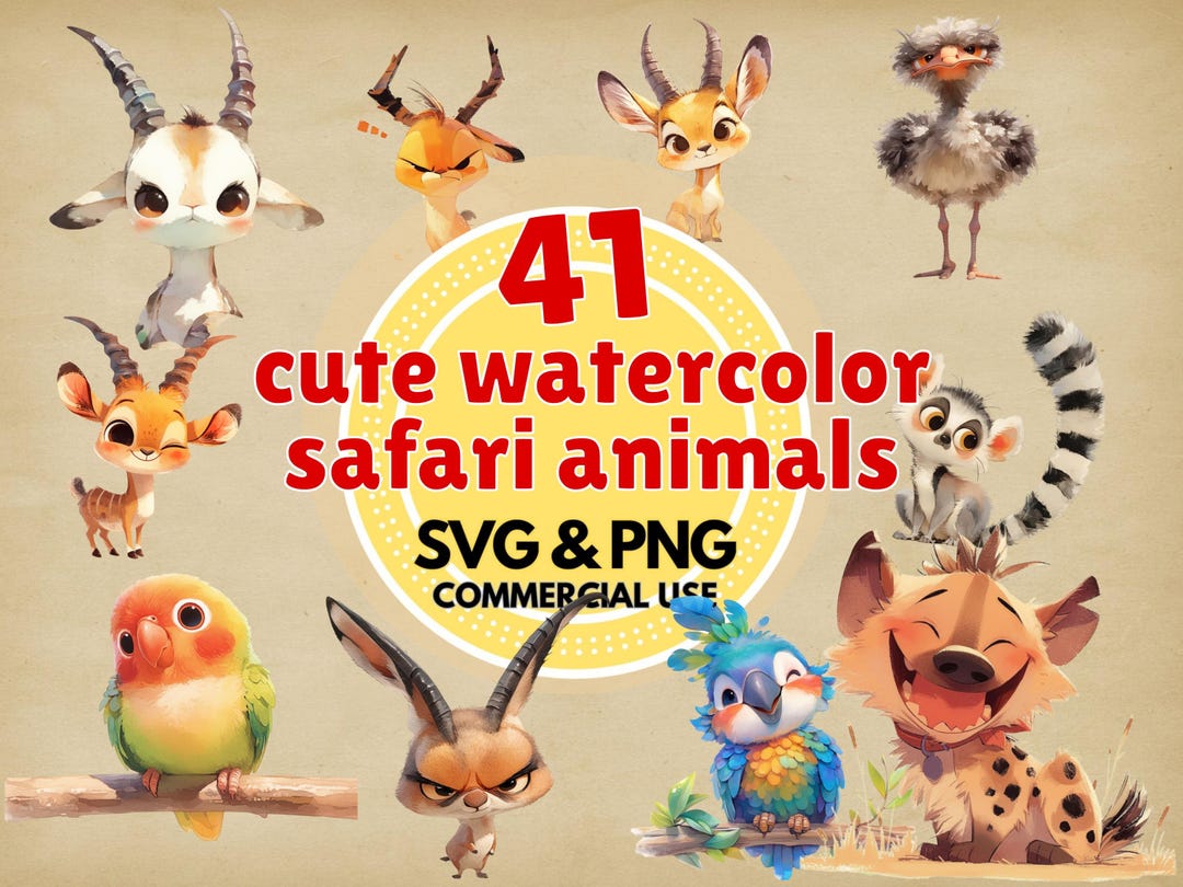 Safari Animals Watercolor Clipart Bundle Png Svg Digital Download ...