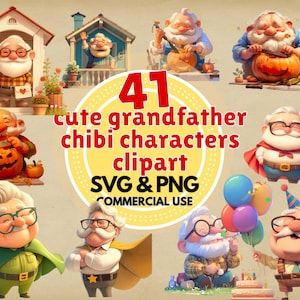 Paquete de imágenes prediseñadas de abuelo chibi, descarga digital, lindo abuelo, SVG, PNG, gráficos para manualidades familiares
