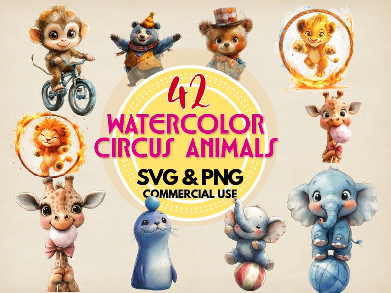 Watercolor Circus Animal Clipart: 42 PNG & SVG Graphics (digital ...