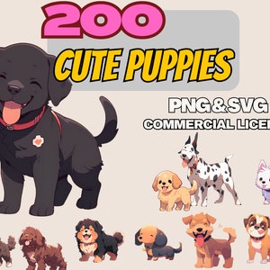 Lot de cliparts chiot 200 races de chiens png svg téléchargement numérique pour projets de bricolage sublimation artisans usage commercial