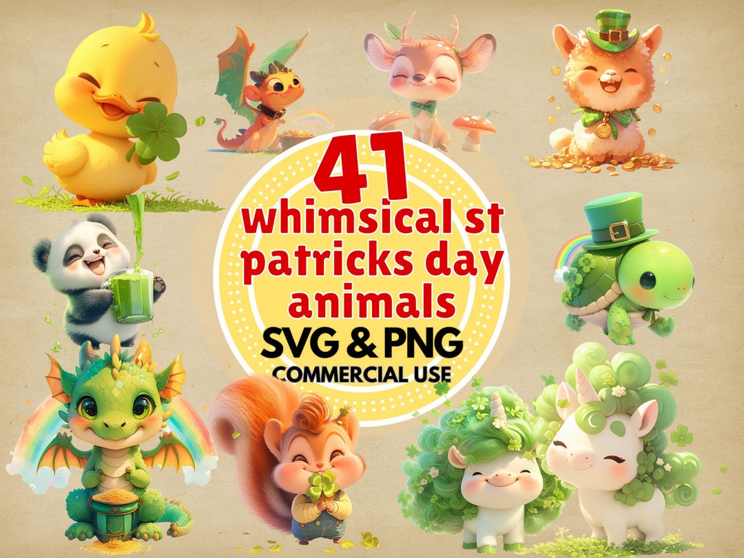 Whimsical St Patricks Day Animals Clipart PNG SVG Digital Download Cute ...