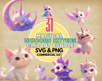 Unicorn Kitten Clipart Bundle, Pastel Watercolor Caticorn PNG (Digital Download)