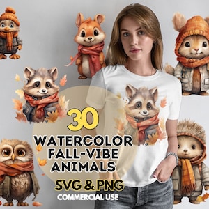 Watercolor Fall Animals Clipart Bundle – 30 Autumn Animal PNG & SVG Images, Instant Digital Download, Commercial Use, Cute Autumn Clip Art